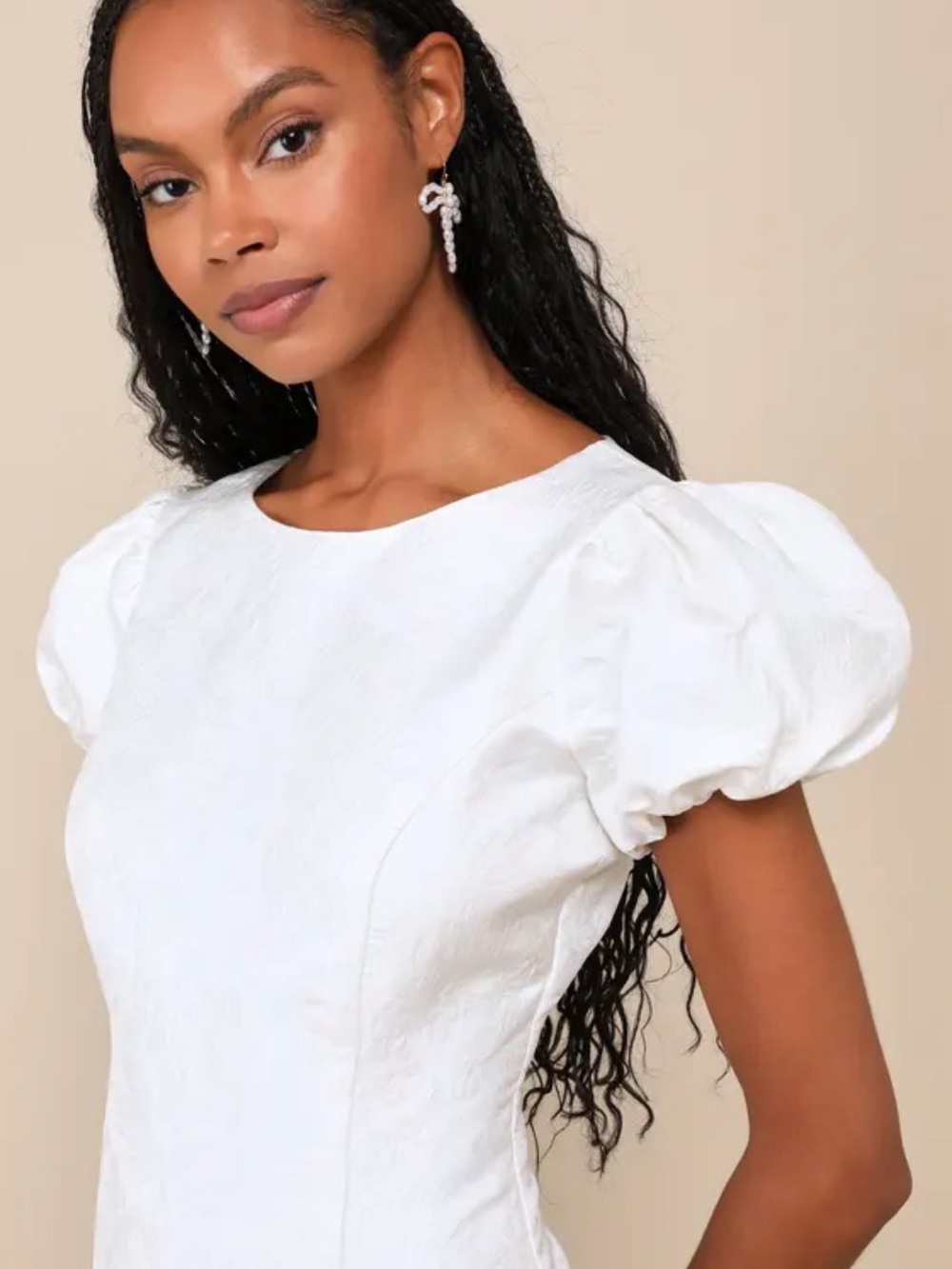 Lulus Exceptional Icon White Floral Jacquard Puff Sleeve Mini Dress size M - Picture 3 of 7